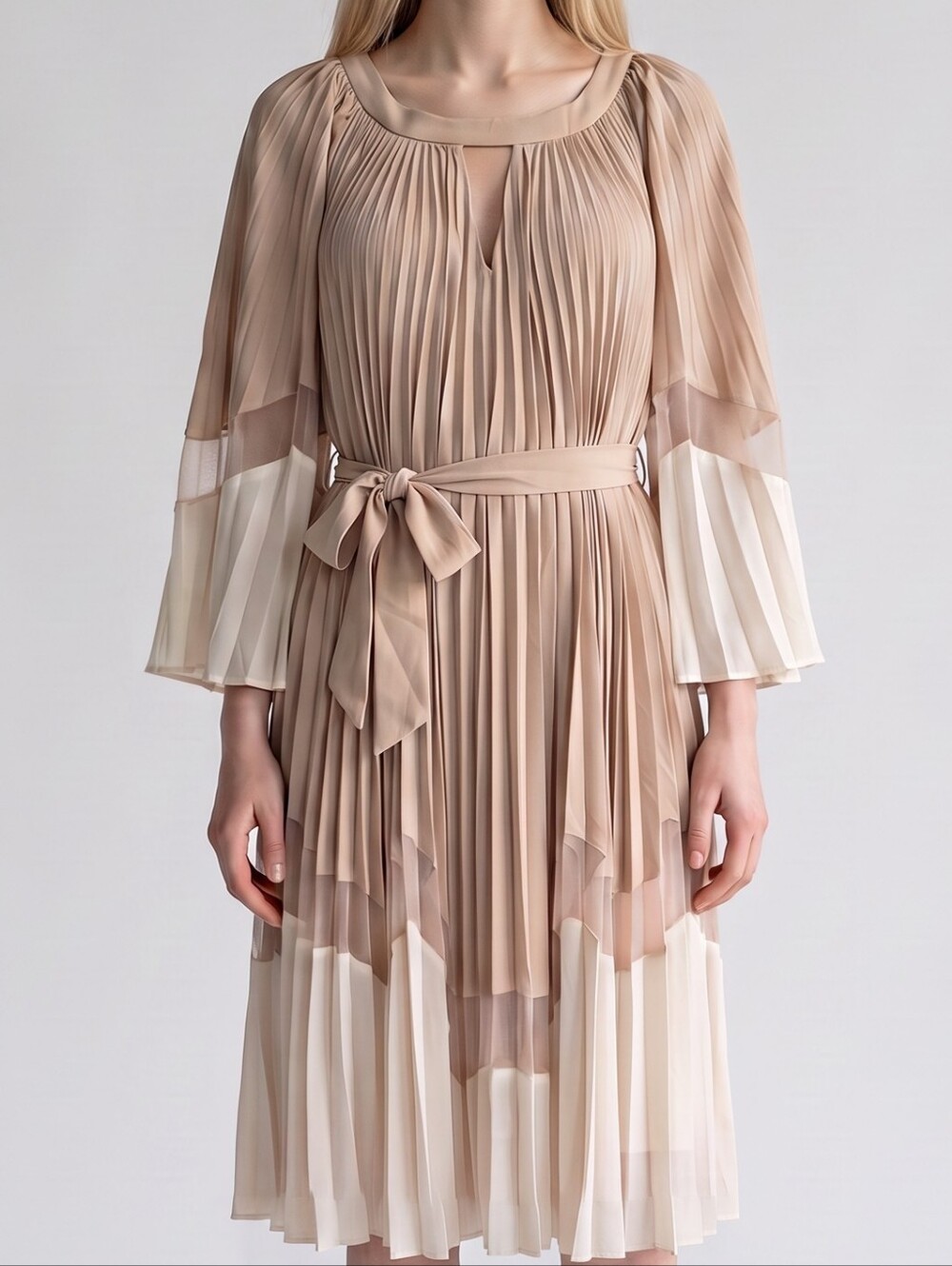 BCBGMaxazria Alessandra Pleated Dress Allure Combo Beige